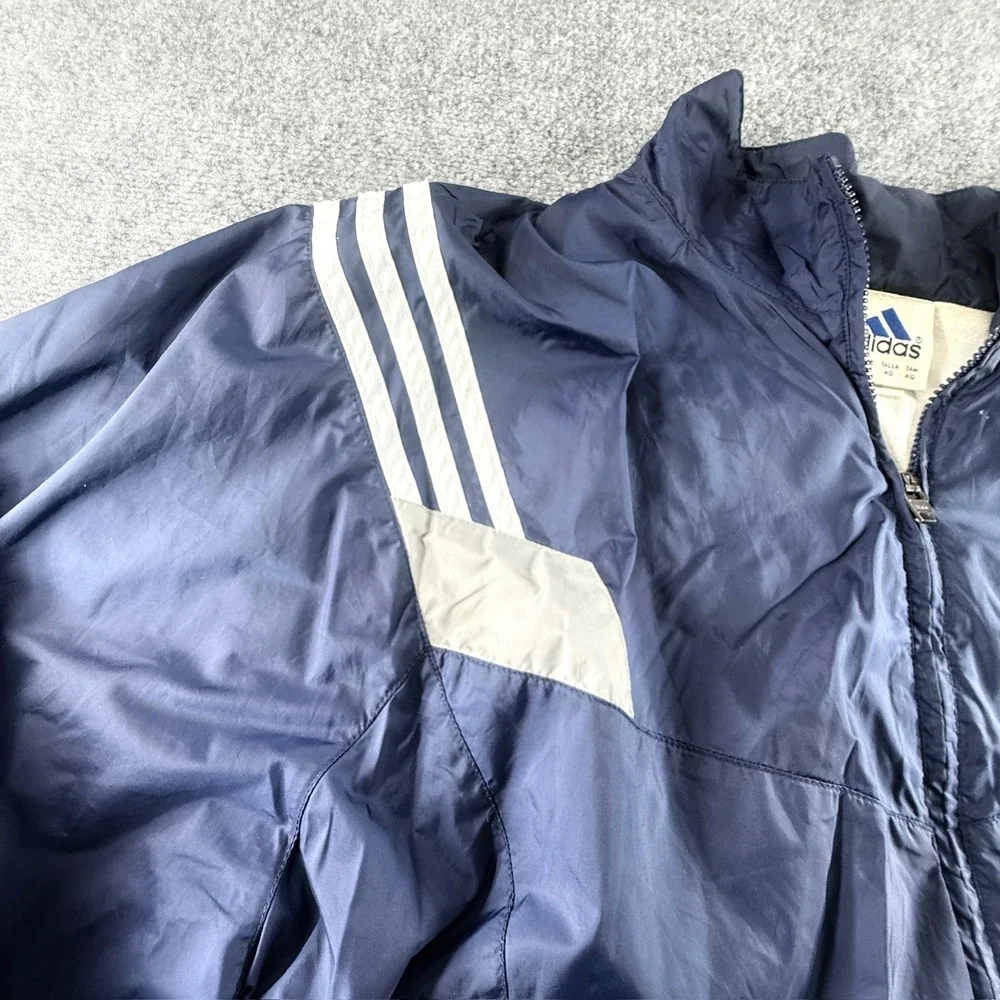 Adidas Vintage Windbreaker Jacket Navy Blue 3 Stripe Full Zip Mens XL